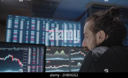 Giovane analista professionista nervoso cripto guardando gli schermi e l'analisi per il commercio di giorno o di margine di negoziazione, altcoin e bitcoin concetto Foto Stock