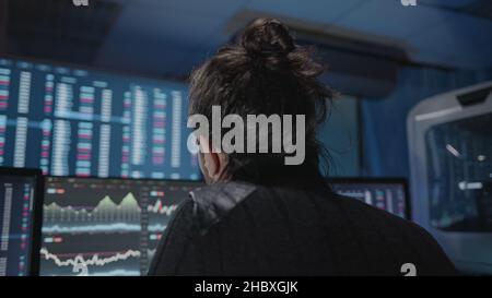 Giovane uomo con capelli lunghi e barba lunga che fa l'analisi per il commercio di giorno sugli schermi di analisi di criptovaluta Foto Stock