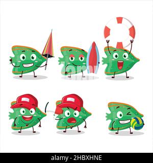 Felice faccia pesce verde gommoso caramella personaggio cartoon giocare su una spiaggia. Illustrazione vettoriale Illustrazione Vettoriale