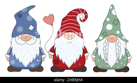 Cute Gnomes isolato su sfondo bianco. Illustrazione vettoriale del set di cartoni animati Gnomes. Illustrazione Vettoriale