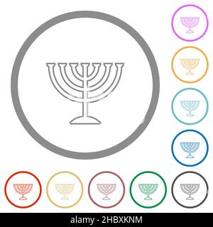 Menorah traccia icone a colori piatte con contorni rotondi su sfondo bianco Illustrazione Vettoriale
