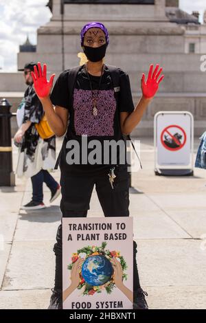 Protesta alimentare a base di piante in piedi a Trafalgar Square con inchiostro rosso sulle mani e cartello Londra 2020 Foto Stock