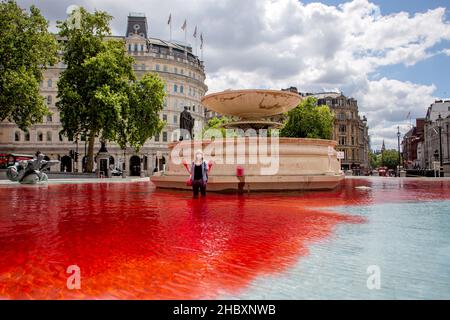 Attivista della ribellione degli animali in piedi in acqua rossa nella fontana di Trafalgar Square che tiene le mani in Air London 2020 Foto Stock