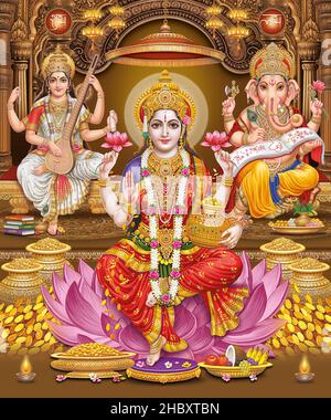 Lord Laxmi, Lord Ganesha, Lord Saraswati con sfondo colorato, Diwali Pooja poster design per carta da parati Foto Stock