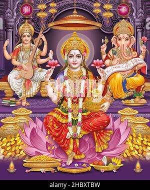 Lord Laxmi, Lord Ganesha, Lord Saraswati con sfondo colorato, Diwali Pooja poster design per carta da parati Foto Stock