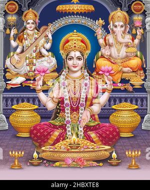 Lord Laxmi, Lord Ganesha, Lord Saraswati con sfondo colorato, Diwali Pooja poster design per carta da parati Foto Stock