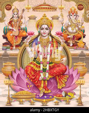 Lord Laxmi, Lord Ganesha, Lord Saraswati con sfondo colorato, Diwali Pooja poster design per carta da parati Foto Stock