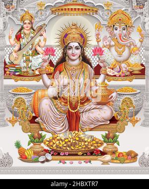 Lord Laxmi, Lord Ganesha, Lord Saraswati con sfondo colorato, Diwali Pooja poster design per carta da parati Foto Stock