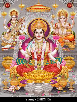 Lord Laxmi, Lord Ganesha, Lord Saraswati con sfondo colorato, Diwali Pooja poster design per carta da parati Foto Stock