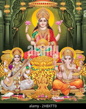 Lord Laxmi, Lord Ganesha, Lord Saraswati con sfondo colorato, Diwali Pooja poster design per carta da parati Foto Stock