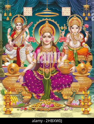 Lord Laxmi, Lord Ganesha, Lord Saraswati con sfondo colorato, Diwali Pooja poster design per carta da parati Foto Stock