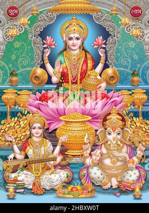 Lord Laxmi, Lord Ganesha, Lord Saraswati con sfondo colorato, Diwali Pooja poster design per carta da parati Foto Stock