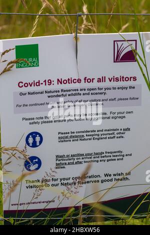 Covid-19 requisiti avviso per tutti i visitatori firmare alla Martin Down National Nature Reserve sull'Hampshire Dorset Border Regno Unito nel mese di luglio Foto Stock