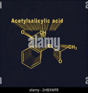 Acido acetilsalicilico, aspirina, oro di formula chimica strutturale su sfondo scuro Foto Stock