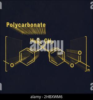 Policarbonato PC, formula chimica strutturale oro su sfondo scuro Foto Stock