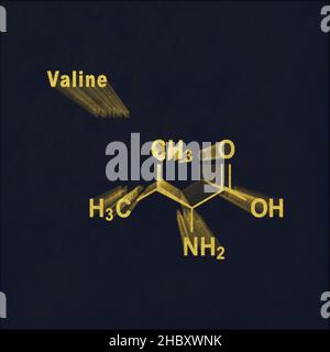 Valina (l-valina, Val, V) aminoacido, struttura chimica oro su sfondo scuro Foto Stock