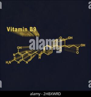 Vitamina B9, acido folico, formula chimica strutturale oro su sfondo scuro Foto Stock