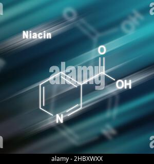 Molecola di niacina (acido nicotinico), vitamina B3 Formula chimica strutturale sfondo futuristico Foto Stock