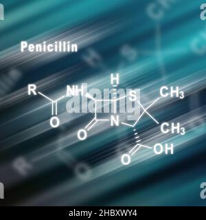 Penicillina, farmaco antibiotico, formula chimica strutturale sfondo futuristico Foto Stock