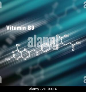 Vitamina B9, acido folico, formula chimica strutturale sfondo futuristico Foto Stock