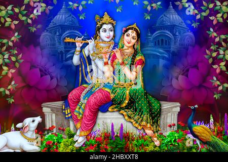 Radha krishna in vrindavan pittura arte poster dio colore pittura foto Foto Stock