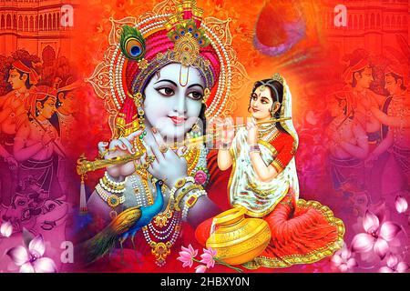 Radha krishna pittura arte poster dio colore pittura foto blu tono Foto Stock