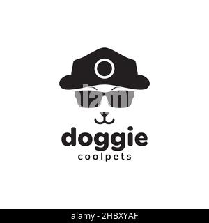 faccia fredda del doggie con gli occhiali da sole ed il disegno del marchio del cappello vettore grafico simbolo icona segno illustrazione creativa idea Illustrazione Vettoriale