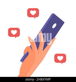Mano femminile con smartphone e mi piace. Comunicazione su una rete sociale. Illustrazione di un cartoon vettoriale su sfondo bianco Illustrazione Vettoriale