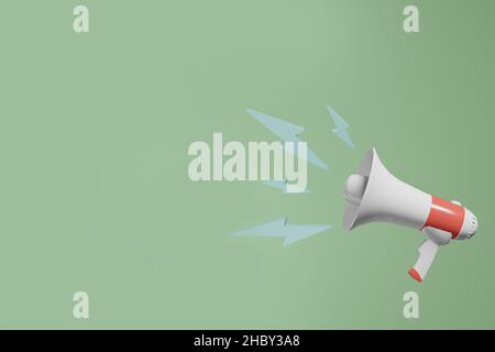 Megafono con spazio di copia su sfondo verde. Concetto di promozione di marketing aziendale. 3D rendering dell'immagine. Foto Stock