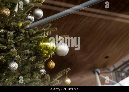 Cardiff, Galles, Regno Unito. 22nd Dic 2021. Un albero di Natale all'interno del Senedd Cymru Welsh Parliament Building a Cardiff Bay, mentre le restrizioni più rigide di Covid-19 sono introdotte per il Galles dal primo ministro Mark Drakeford. A partire dal 26 dicembre, non più di sei persone potranno incontrarsi nei pub, nei cinema e nei ristoranti del Galles. Credit: Mark Hawkins/Alamy Live News Foto Stock