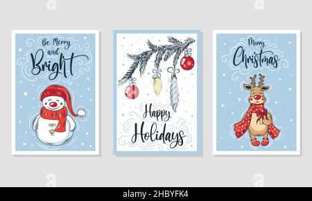 Set di biglietti di auguri per buon Natale e Felice anno nuovo con elementi decorativi fatti a mano. Stile vintage alla moda. Illustrazione Vettoriale