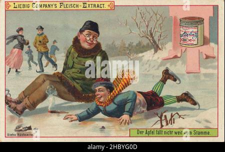 Serie Sprichworte, Der Apfel fällt nicht weit vom Stamme / Proverbs serie, la mela non cade lontano dall'albero, Liebigbild, riproduzione digitale migliorata di un'immagine da collezione della Liebig azienda, stimato da 1900, pd / digital restaurierte Reproduktion eines Sammelbildes von ca 1900, gemeinfrei, Foto Stock