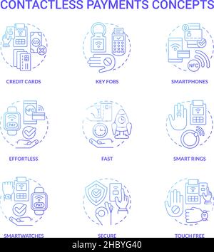 Pagamenti senza contatto icone di concetto sfumate blu impostate Illustrazione Vettoriale