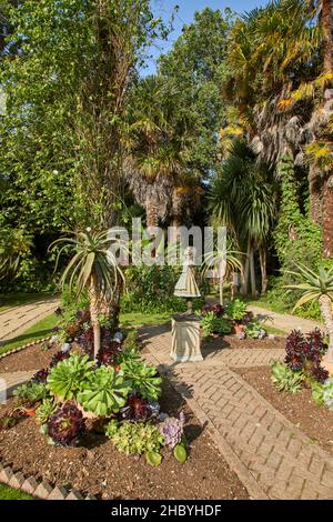 Statua di Alice nel paese delle meraviglie nei giardini subtropicali di Abbotsbury, un giardino di 18th secolo con piante rare ad Abbotsbury, Devon, Inghilterra sud-occidentale Foto Stock