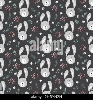 Simpatico coniglio senza cuciture modello. Animali cartoni animati su sfondo forestale. Illustrazione vettoriale. Illustrazione Vettoriale