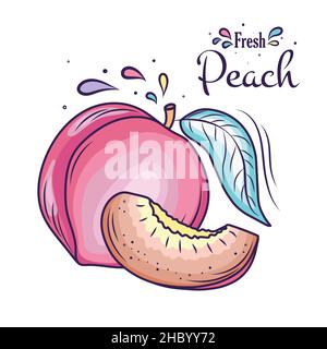 Pesca frutta stile kawaii, disegno a mano vettore illustrazione. Pesca frutta disegno a mano. Per opuscoli, banner, ristoranti e menu di mercato Illustrazione Vettoriale