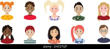 Set di avatar per bambini. Fascio di facce sorridenti di ragazzi e ragazze con acconciature, colori della pelle ed etnie differenti. Illust vettoriale piatto colorato Illustrazione Vettoriale