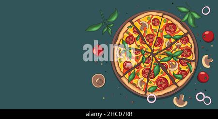 Banner pizza con posto per il testo disegno a mano scarabocchio style Illustrazione Vettoriale