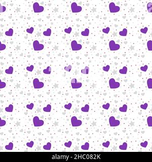 Cuori e punti viola senza giunture con sfondo bianco. Texture vettoriale ricorrente. Illustrazione Vettoriale