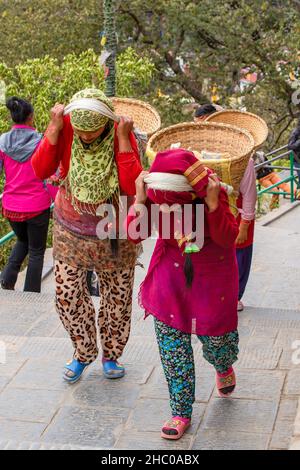 Due giovani donne nepalesi trasportano pesanti cesti di pietre sulle loro spalle su scale usando una tumpline a Kathmandu, Nepal Foto Stock