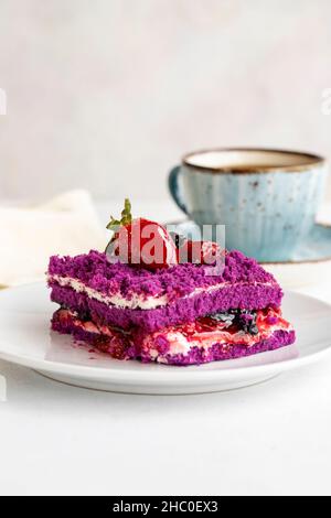 Torta di frutta della Foresta su sfondo bianco. Dessert turco dolce concetto. Piatto di torta di frutta a fette foresta. Panetteria mediterranea. Primo piano. Selettiva f Foto Stock