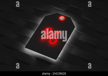 Etichetta incandescente con il simbolo della percentuale. Effetto neon. Vendita annuale. Sconti su prodotti e merci. Affare. Risparmiare denaro. Grande shopping. 3d rendering Foto Stock