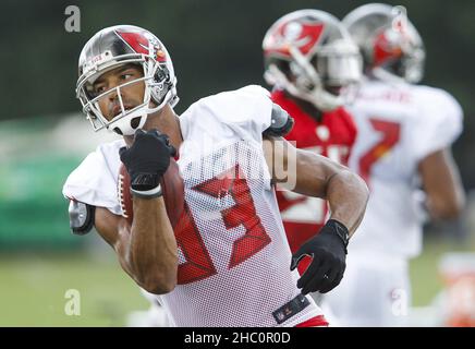 Tampa, Stati Uniti. 05th ago 2014. Tampa Bay Buccaneers ampio ricevitore Vincent Jackson fa un fermo durante la pratica del campo di allenamento in un Buccaneer Place a Tampa, Fl., Martedì, Agosto 5, 2014. Jackson è stato trovato morto lunedì, 15 febbraio 2021 in un hotel dove viveva da gennaio. Aveva 38 anni. (Foto di Will Vragovic/Tampa Bay Times/TNS/Sipa USA) Credit: Sipa USA/Alamy Live News Foto Stock