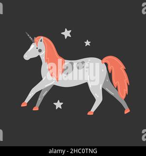 Simpatico unicorno grigio con mane nero in stile cartone animato. Illustrazione piatta vettoriale Illustrazione Vettoriale