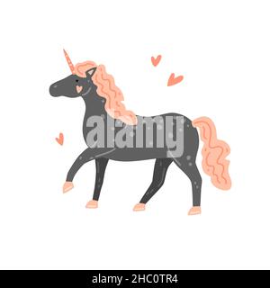 Simpatico unicorno grigio macchiato con mane nera in stile cartoon. Illustrazione piatta vettoriale Illustrazione Vettoriale