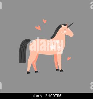 Simpatico unicorno rosa con mana nera. Illustrazione piatta vettoriale Illustrazione Vettoriale