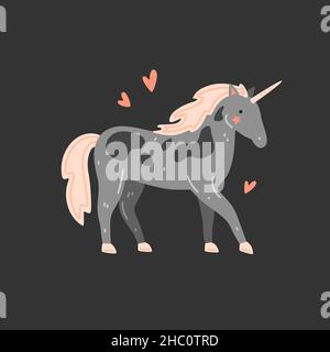 Simpatico unicorno grigio macchiato con mane nera in stile cartoon. Illustrazione piatta vettoriale Illustrazione Vettoriale