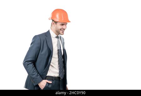 Ingegnerizzazione dei vostri sogni con noi. Costruttore tecnico isolato su bianco. Costruttore felice Foto Stock