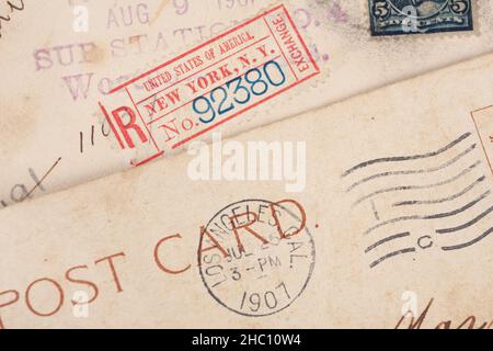 KIEV, UCRAINA, 27 MAGGIO 2021. US Post Postmark New York e Los Angeles, circa 1901 - 1907. Foto Stock