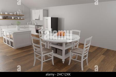 tacchino arrosto per il Ringraziamento sul tavolo da pranzo in cucina moderna. 3D rendering dell'immagine. Foto Stock
